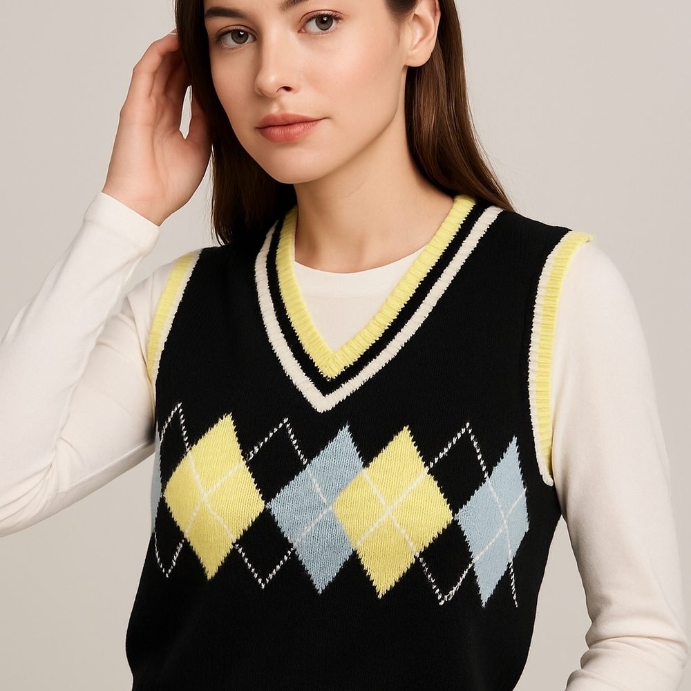 Say What Argyle Knit Sweater Vest Size L Black Yellow Blue Preppy Y2K Style‎
